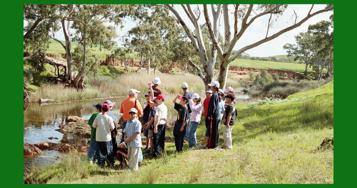 Glenhaven Park Camps A group of children with hats and a guide by a pond in a grassy field at a Kids Camp, learning about nature.