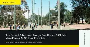 Glenhaven Park Camps Children participate in outdoor activities at a school adventure camp, with obstacle courses and climbing structures under a clear sky. Text overlay promotes a blog post about South Australia Adventure Camps.