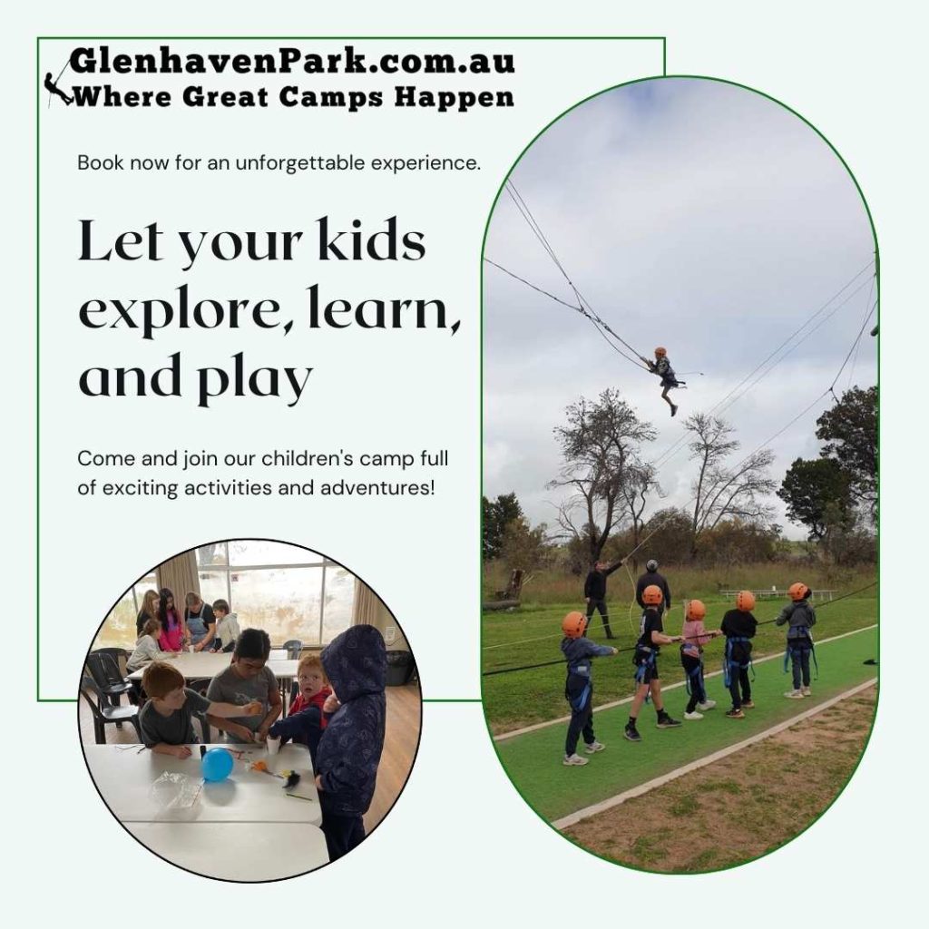 Glenhaven Park Camps A flyer for gleneween park with children playing on a zip line.