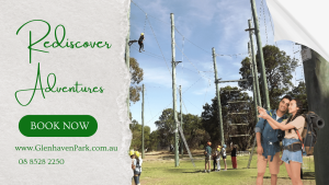 Glenhaven Park Camps Promotional banner for rediscovering adventure, featuring a couple taking a selfie and people climbing in an adventure camp, with contact details and a booking cta.