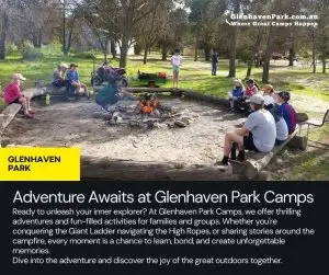 Glenhaven Park Camps A group of people sits around a campfire at Glenhaven Park, promoting outdoor activities like high ropes and giant ladder challenges. The scene, enriched by trees and camping gear, highlights the park's focus on wellbeing, making it an ideal spot for school camps and fostering teachers' growth.