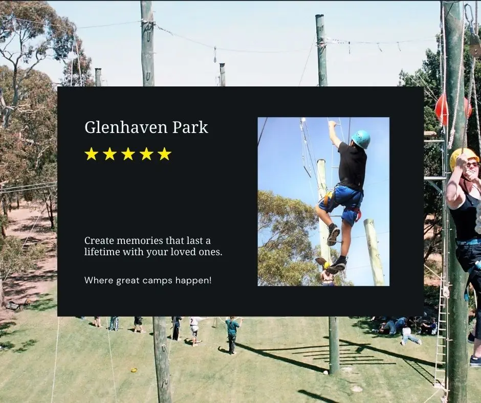 Glenhaven Park Camps Person climbing a pole at an outdoor adventure park, with a banner on the side displaying "Glenhaven Park" and a five-star rating. The background shows greenery and people walking, highlighting an environment perfect for school camps that promote teachers' growth and wellbeing.