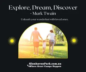 Glenhaven Park Camps Image of a family holding hands and walking in a sunlit field with the quote: "Explore, Dream, Discover - Mark Twain". Text at the bottom reads "GlenhavenPark.com.au Where Great School Camps Happen".