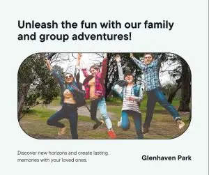 Glenhaven Park Camps A group of people outdoors in Glenhaven Park jumping in the air and smiling. Text: "Unleash the fun with our family and group adventures! Discover new horizons, promote teachers' wellbeing, and create lasting memories with your loved ones.