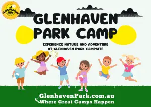 Glenhaven Park Camps Illustrated banner of Glenhaven Park Camp features six cheerful children jumping, with a background of mountains and trees. Text promotes experiencing nature and adventure at the Glenhaven Park campsite, perfect for a thrilling school camp.